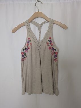 Y2K Hollister Beige Crochet Racerback Tank with Floral Embroidery